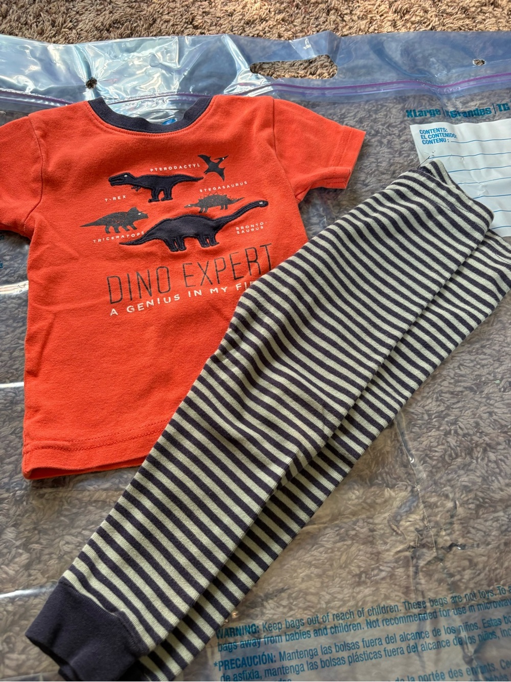 Carter's Orange Dino Expert Pajama Set with Navy & White Stripes